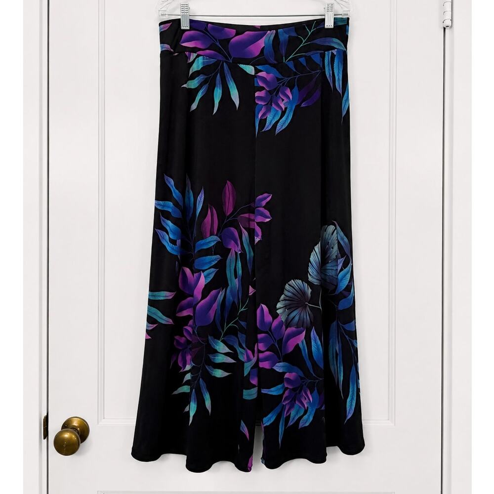 Sun Woo Black Tropical Floral Wide Leg Palazzo Pants XL Made in USA